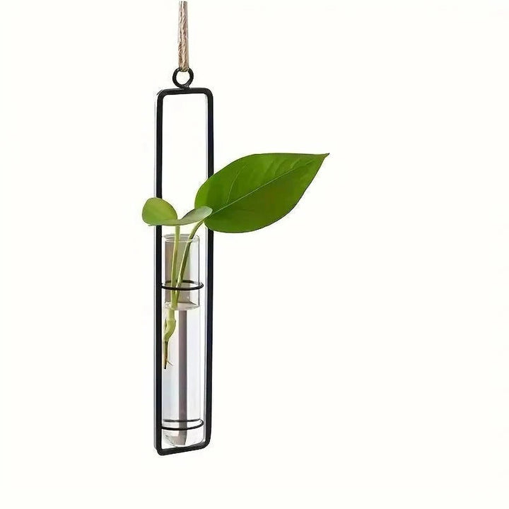 Close-up of a hanging glass tube planter, showcasing the elegant metal frame & natural jute rope for wall mounting.