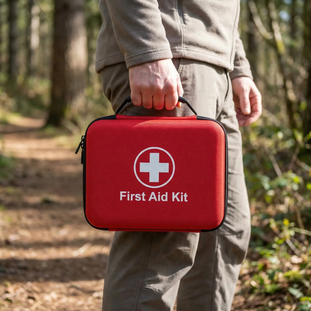 38-piece portable emergency first aid kit for travel safety. Compact medical supplies for home, car, and outdoor use.
