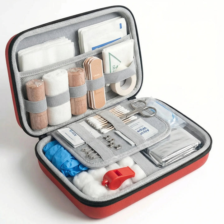 Home emergency first aid kit, 38 pieces, with essential medical supplies for family safety and quick treatment.