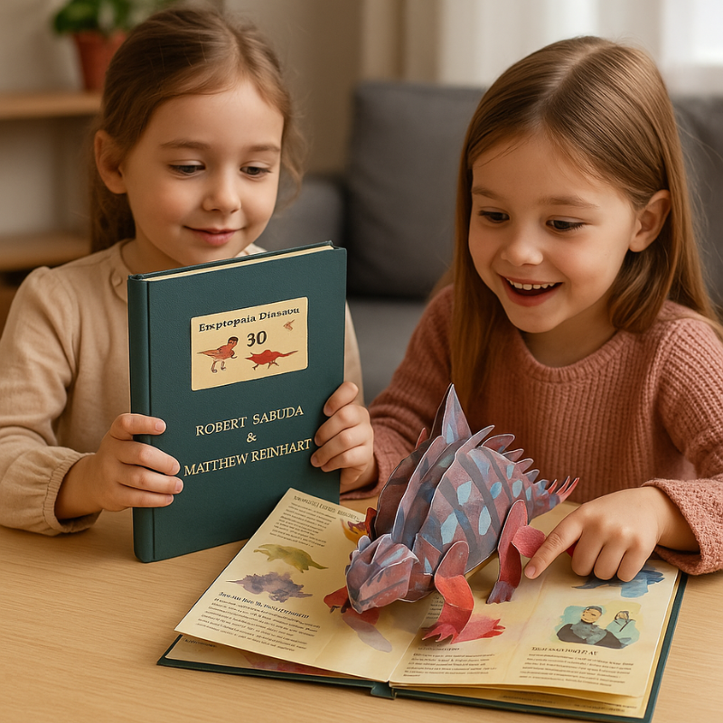 3D pop-up dinosaur adventure book, vibrant green T-Rex emerging, interactive kids educational toy.