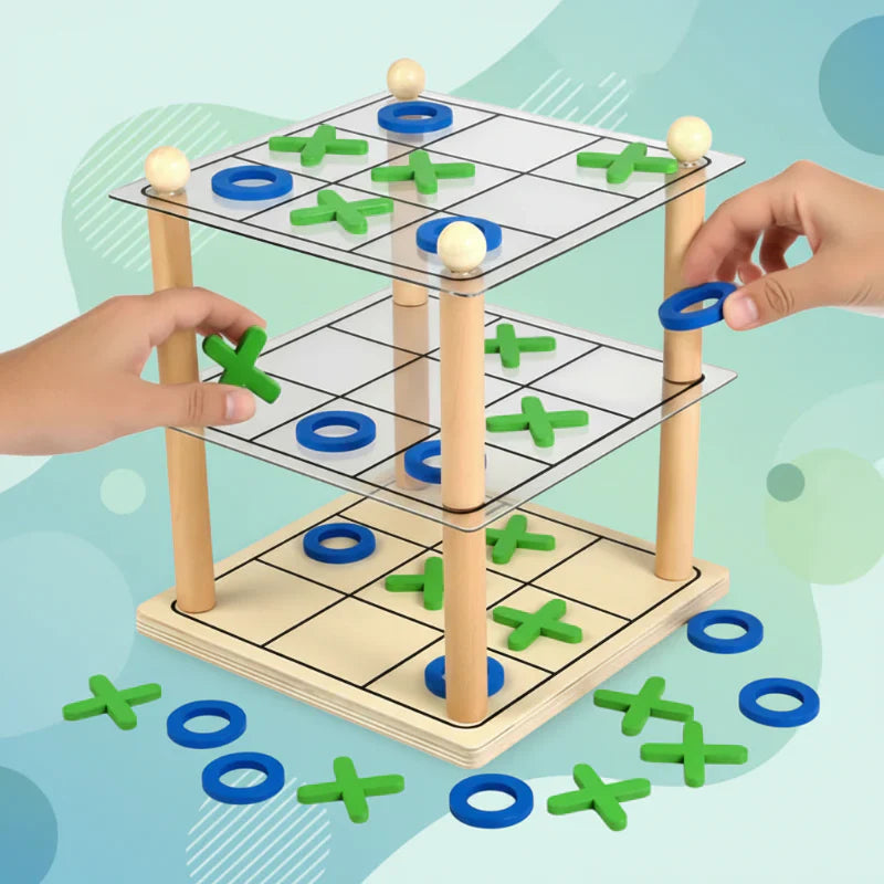 3D Tic-Tac-Toe educational game, wooden toy for kids, develops strategy and logic skills