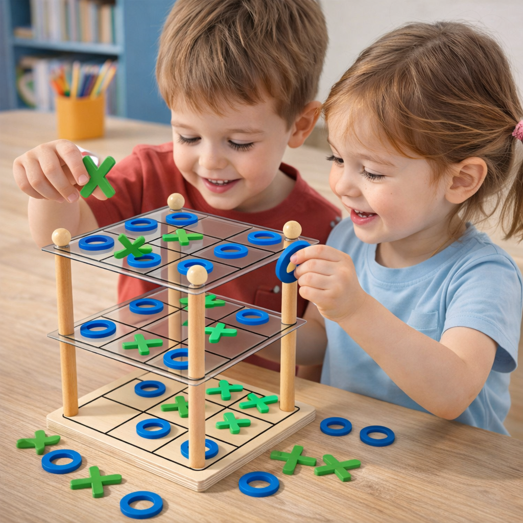 Family playing with a 3D Tic-Tac-Toe wooden logic puzzle, promoting screen-free cognitive development