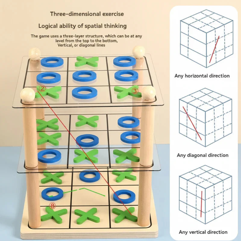 Close-up of a child's hand placing a piece in a 3D Tic-Tac-Toe strategy game, enhances fine motor skills