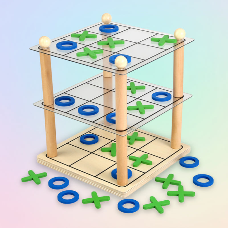 Vibrant 3D Tic-Tac-Toe wooden game set, a perfect screen-free logic puzzle for children's development