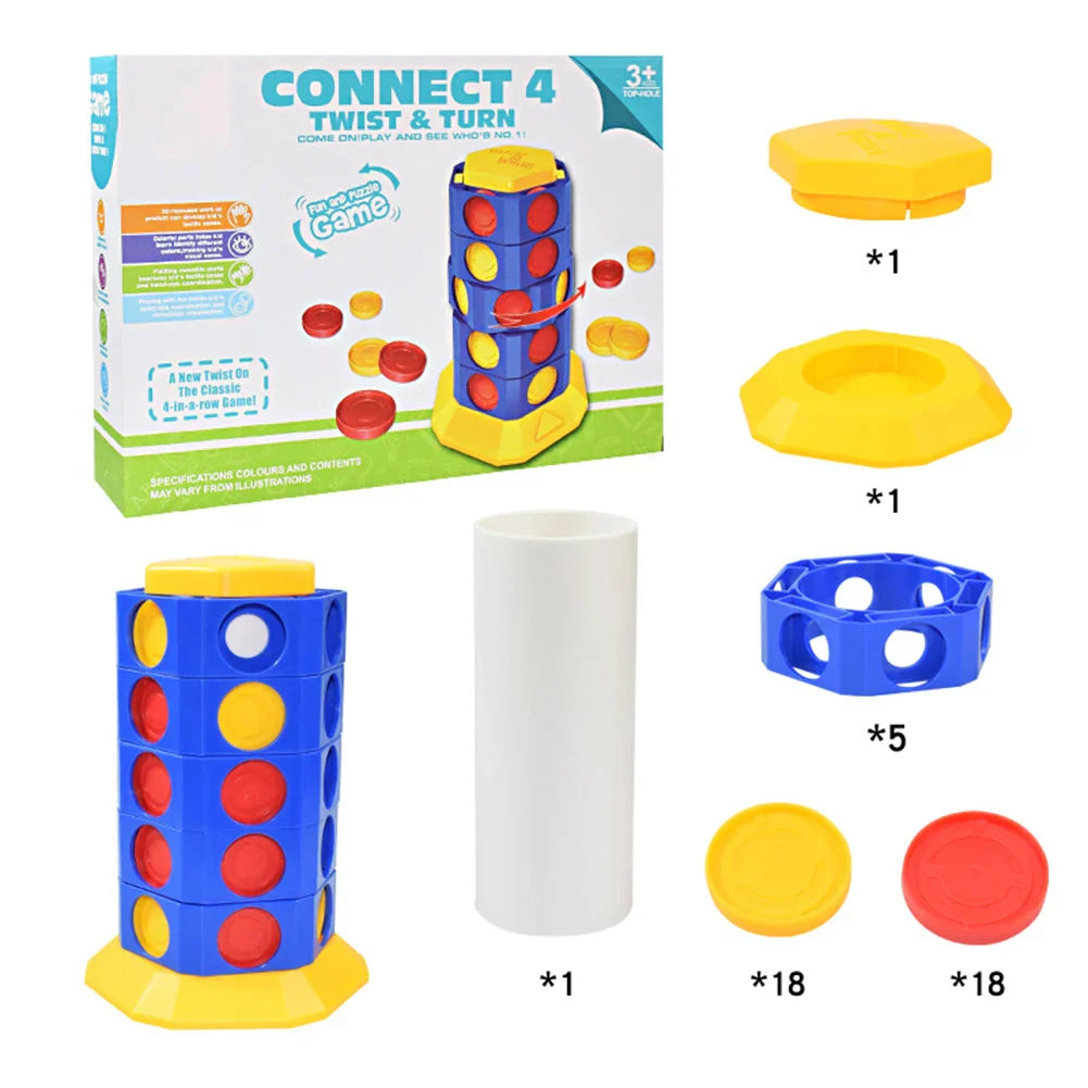 Portable 3D Twist Four-in-a-Row strategy game for kids & family, enhancing cognitive skills