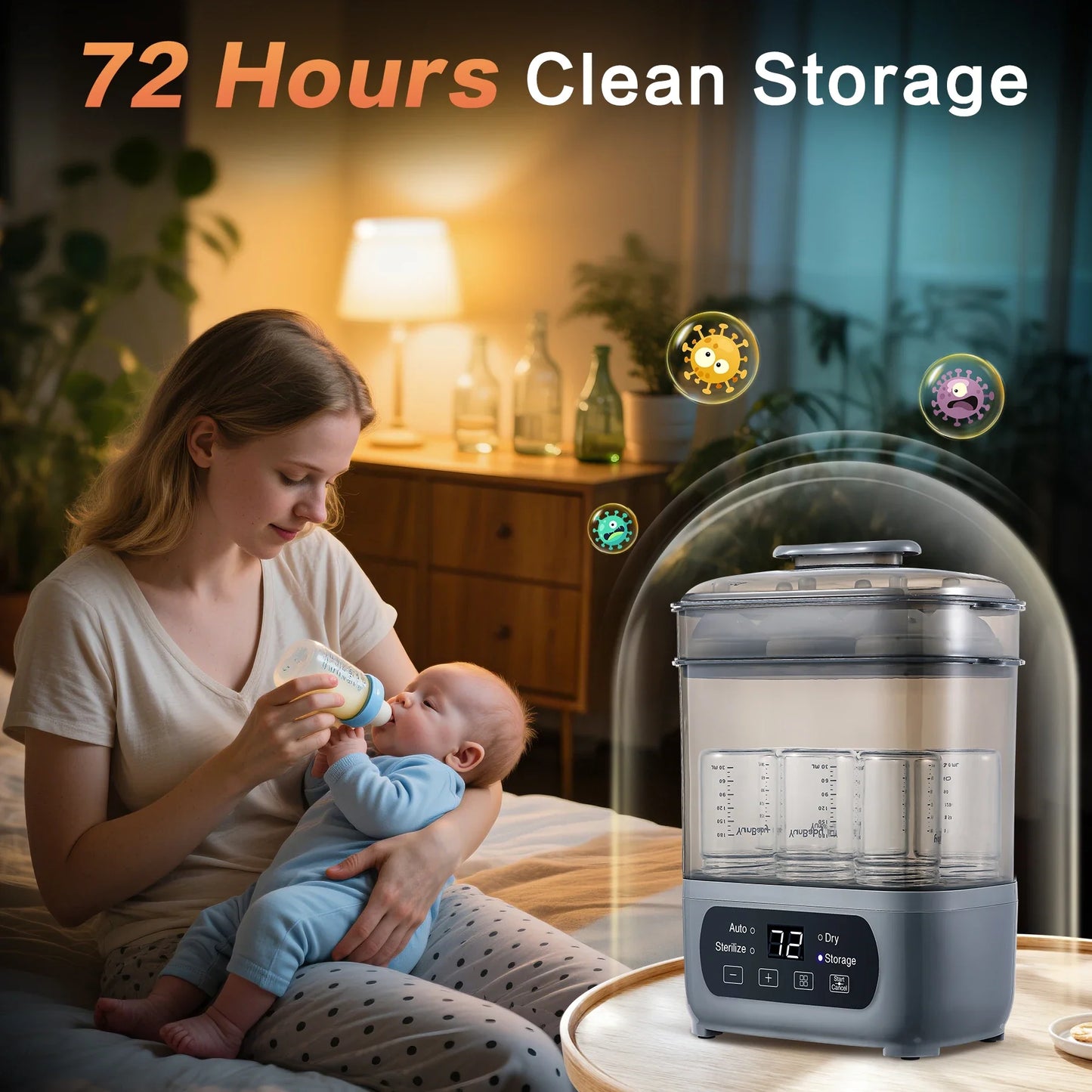 Close-up of baby bottle sterilizer's intuitive digital control panel for fast drying