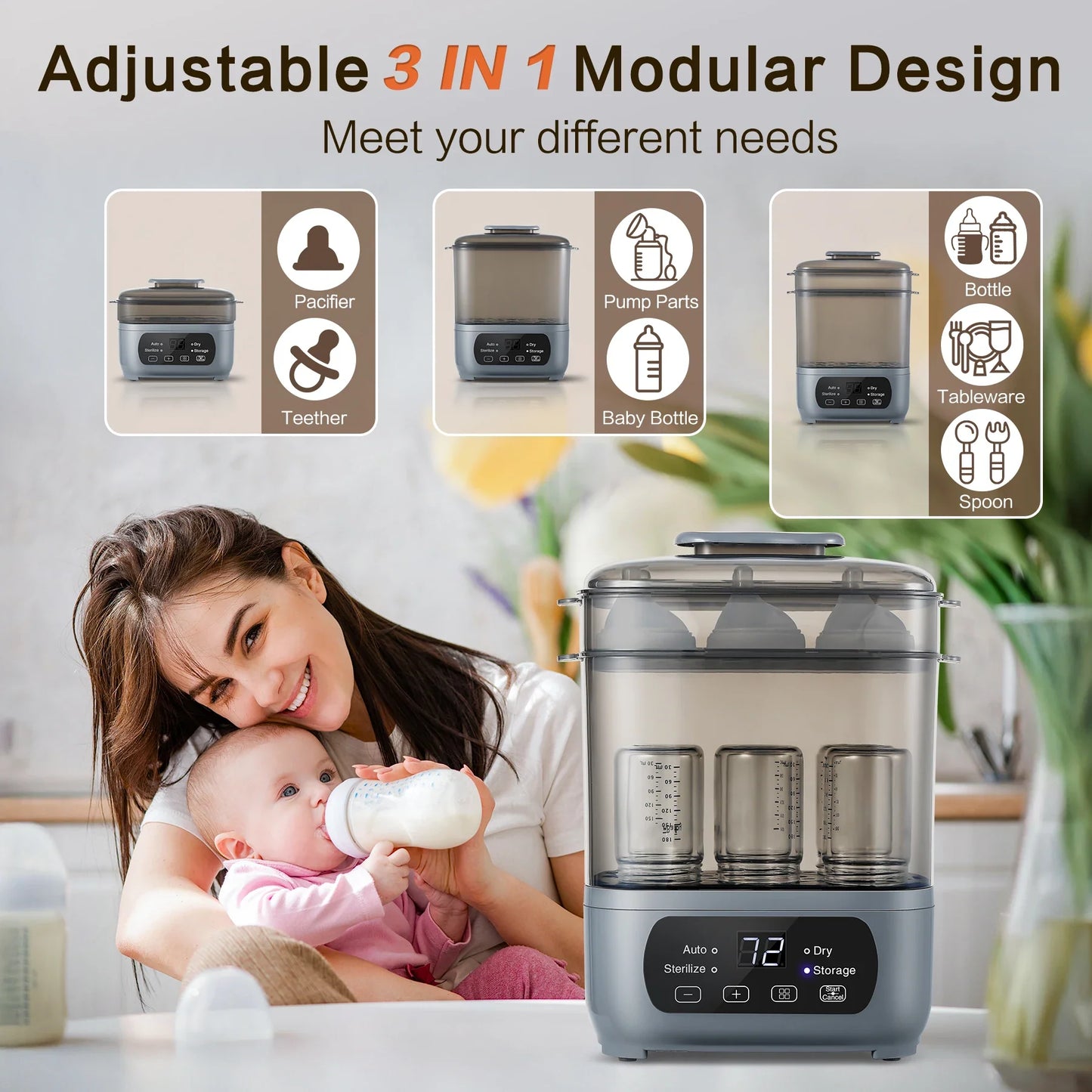 Steam sterilizer for baby bottles and pacifiers, BPA-free for infant feeding essentials in nursery