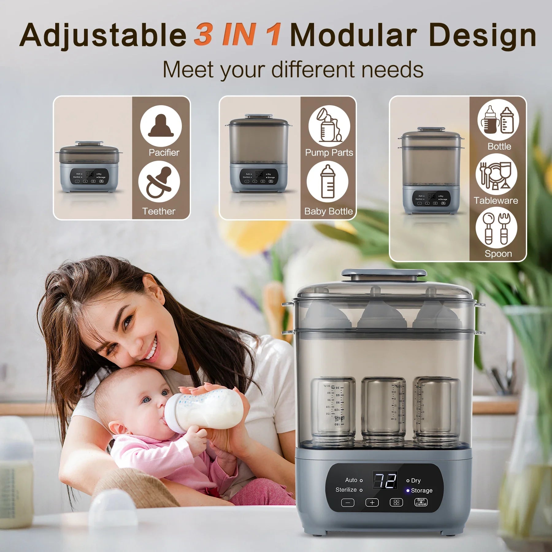 Steam sterilizer for baby bottles and pacifiers, BPA-free for infant feeding essentials in nursery