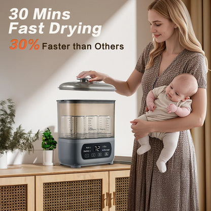 Top view of multi-function baby bottle sterilizer with various feeding accessories inside