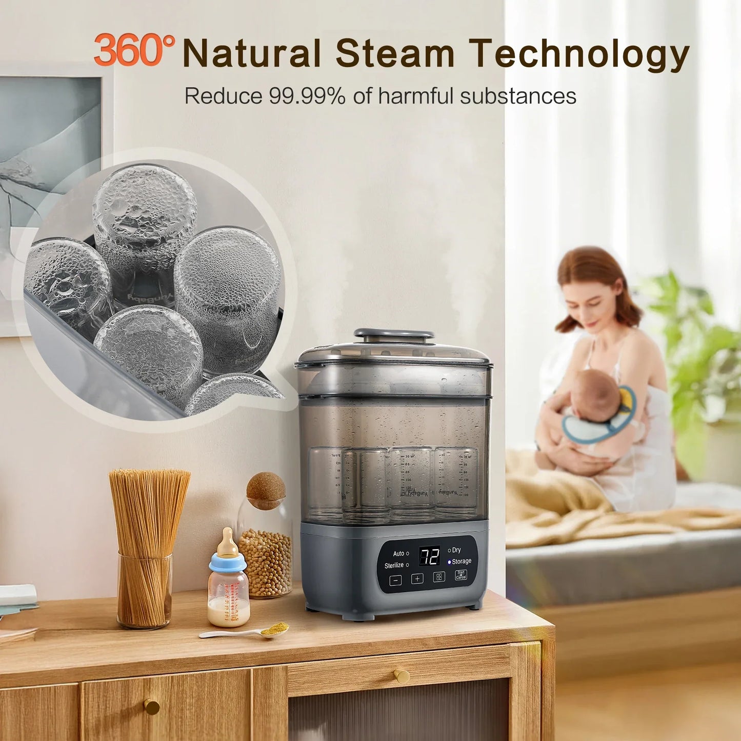 Compact 4-in-1 baby sterilizer and dryer, perfect for countertop in modern nursery