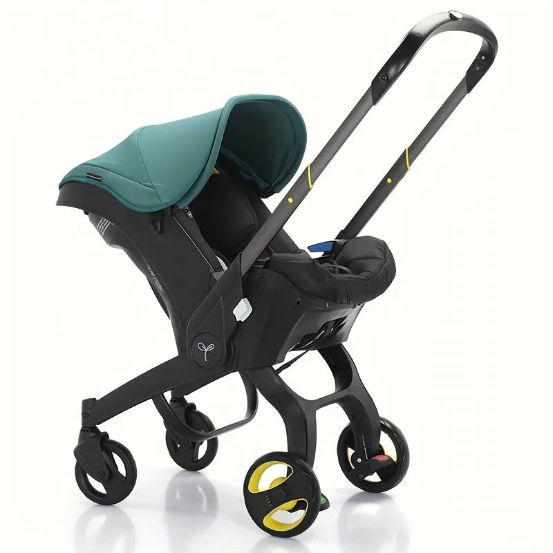 Parent pushing the 4-in-1 baby stroller with an infant car seat attached, illustrating baby gear.