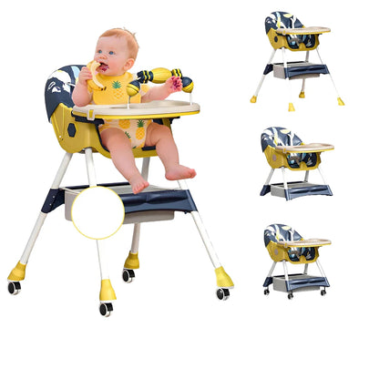 4-in-1 foldable baby high chair with double tray, light grey, for infant and toddler feeding.