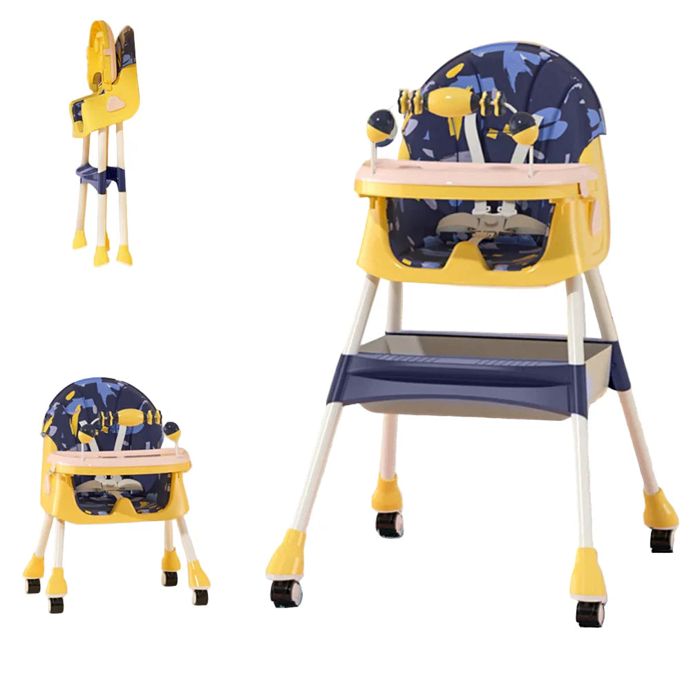 Close-up of the plush cushion and secure five-point harness in a grey baby high chair.