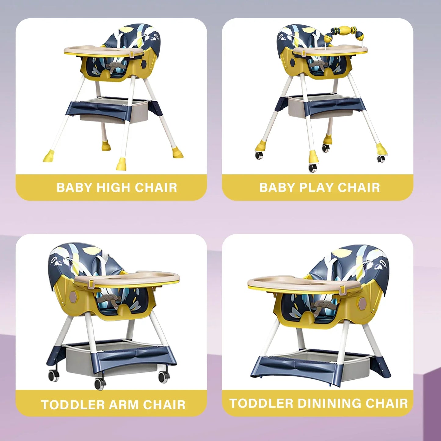 Toddler high chair with double removable tray, white and grey, used for baby feeding time.