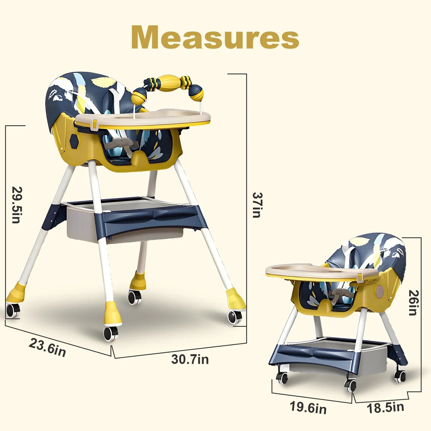 Adjustable toddler seat in grey, demonstrating 4 modes including booster and high chair.