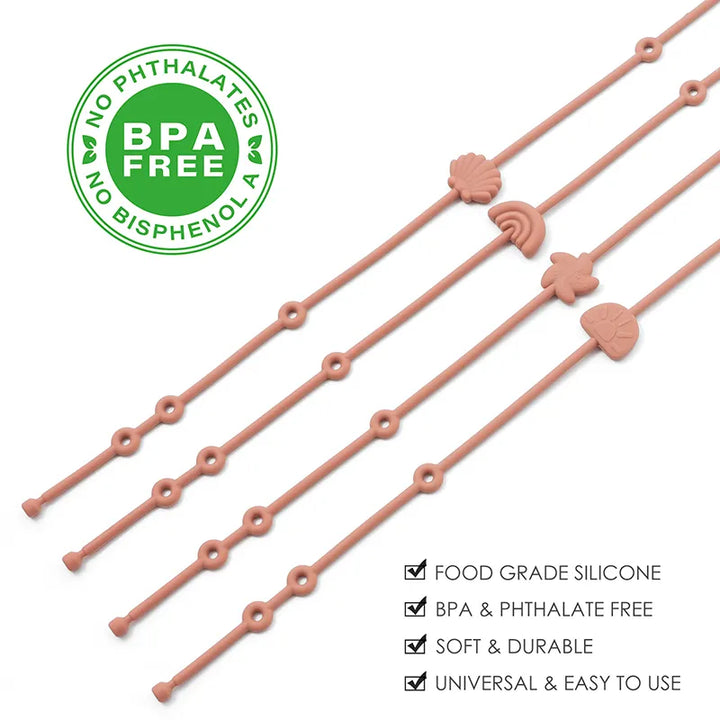 Food-grade anti-lost silicone toy straps (4 Pcs) for baby pacifiers & teethers; secure playtime.