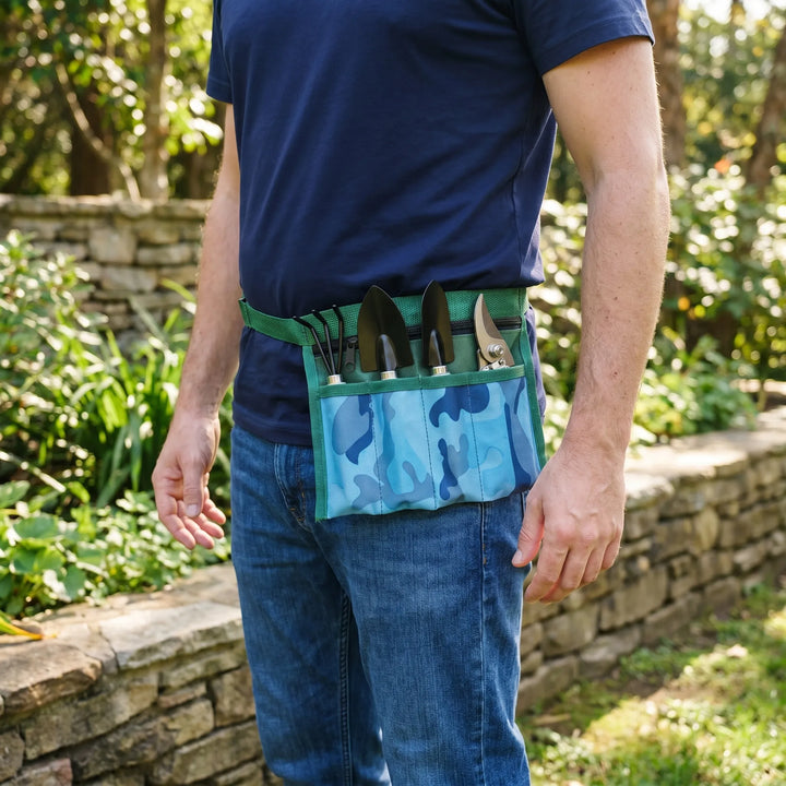 4-piece garden hand tool set with waist pouch, including trowel, cultivator & pruning shears for home gardening.