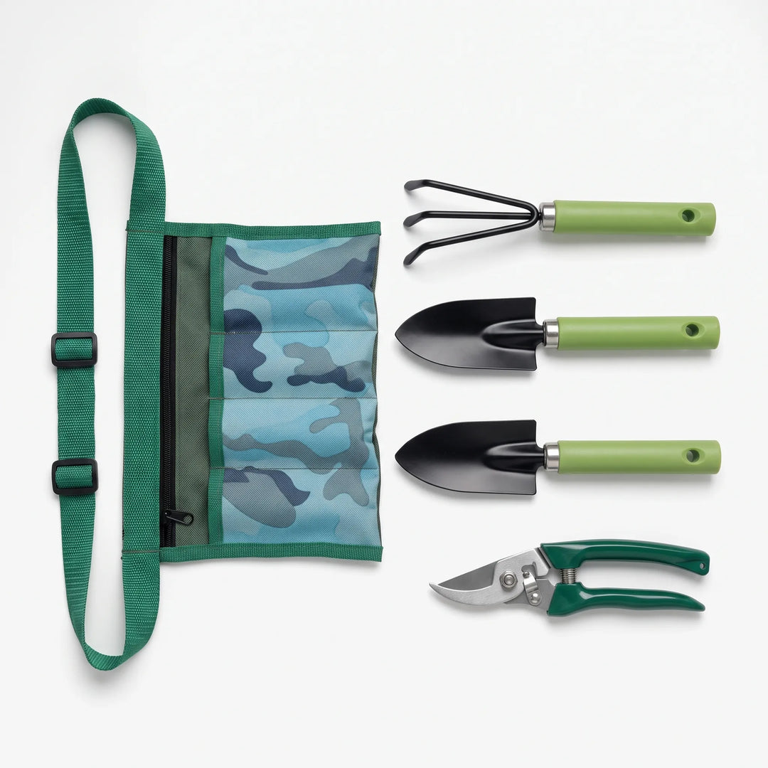 Durable 4-piece gardening hand tool kit: trowel, transplanter, cultivator, & pruning shears for easy planting.