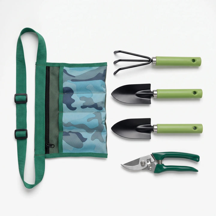 Durable 4-piece gardening hand tool kit: trowel, transplanter, cultivator, & pruning shears for easy planting.