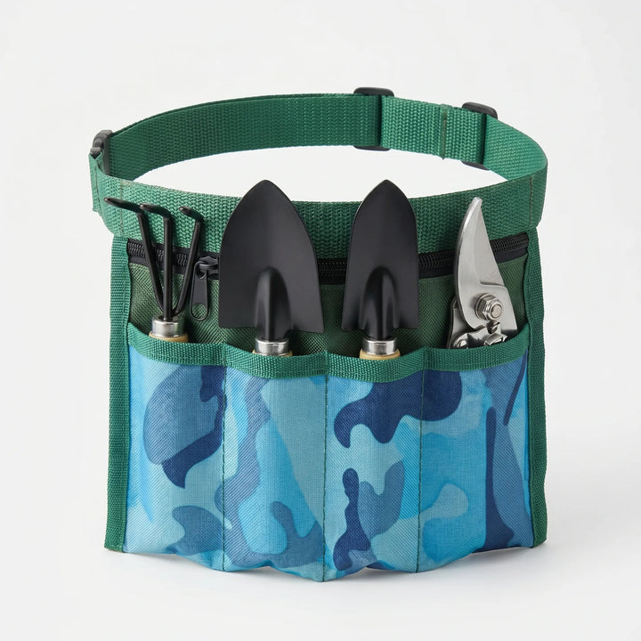 Gardening waist pouch with 4 essential hand tools: trowel, cultivator, shears. Perfect for easy access in your garden.