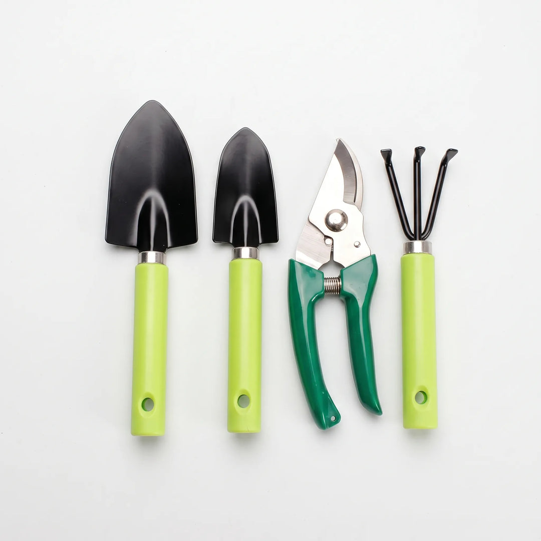 Complete 4-piece garden hand tool set with handy waist pouch, ideal for efficient planting and pruning in small gardens.
