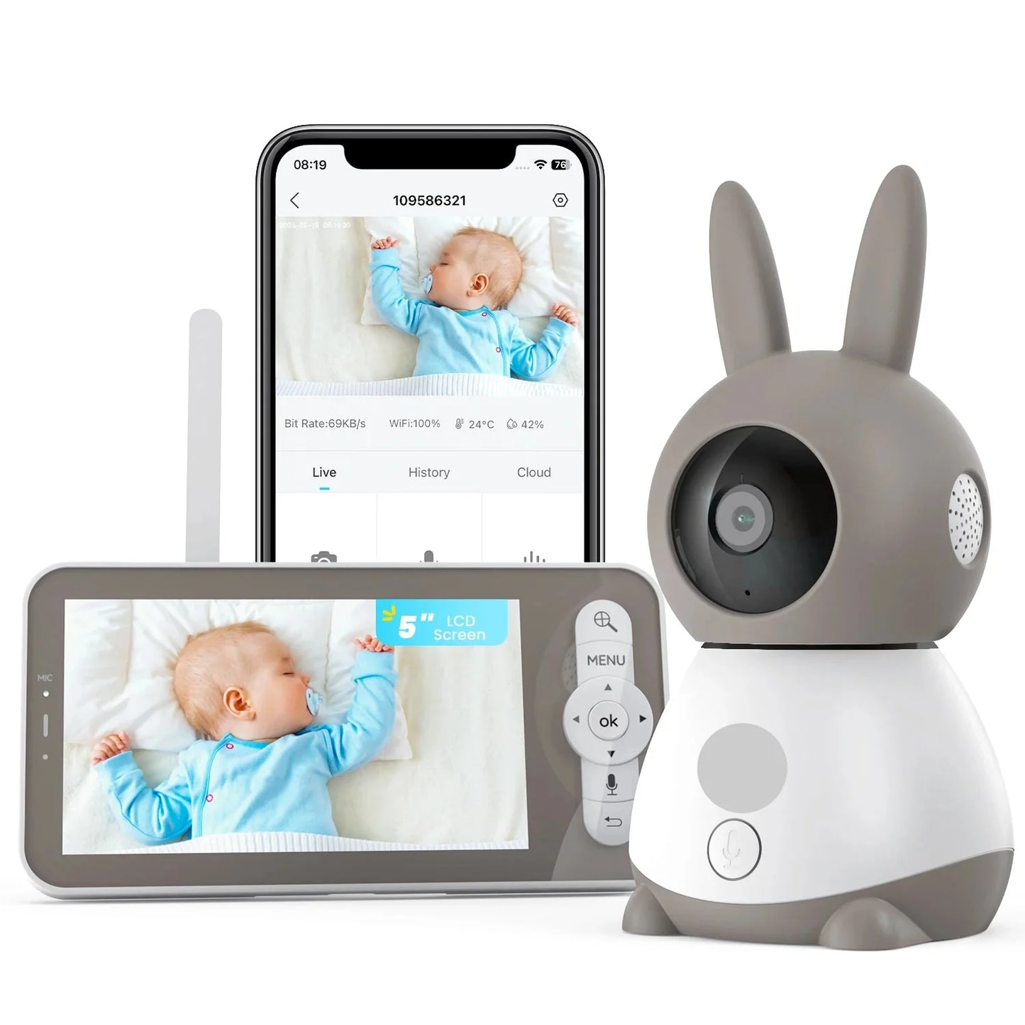 5" HD baby monitor with 2K PTZ camera, app control, motion tracking, and dual screen display for nursery safety.