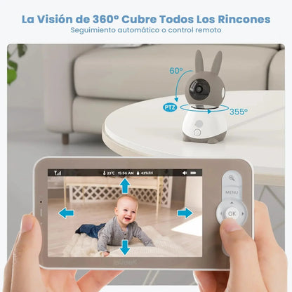 High-definition 5" baby monitor featuring a 2K PTZ camera, dual screen, and integrated temperature/humidity sensors.