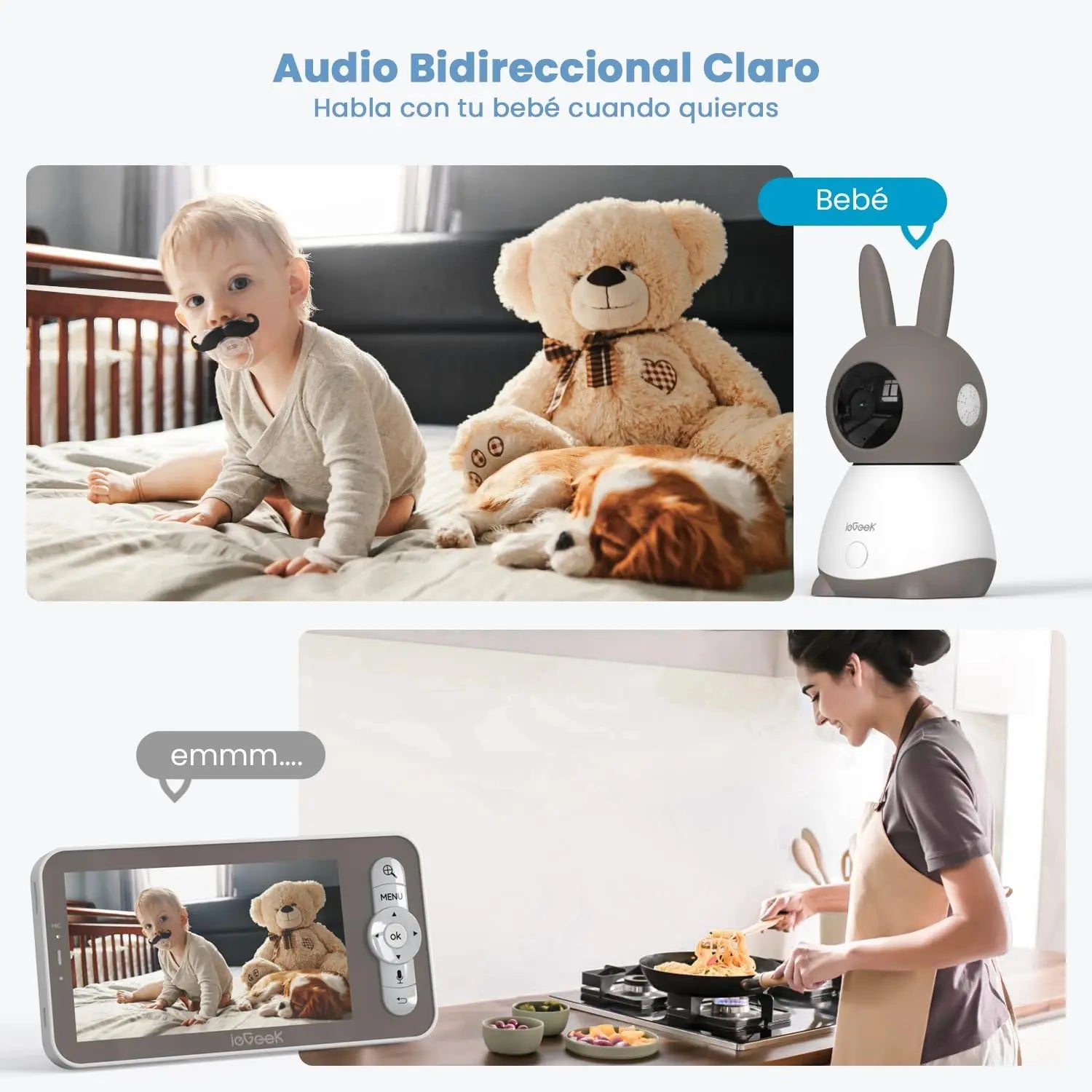 Nursery camera system with 5-inch display, 2K resolution, app control, and lullaby function for baby safety.