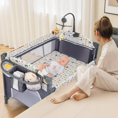 5-in-1 Baby Bedside Sleeper with adjustable height, breathable mesh, and storage basket for newborns.