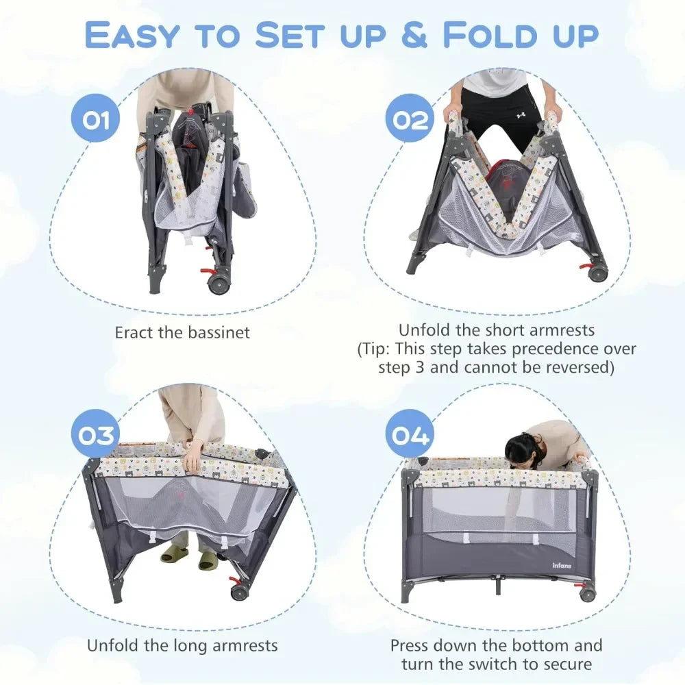 Portable baby playard and bedside bassinet with a convenient diaper changer and wheels for easy movement.