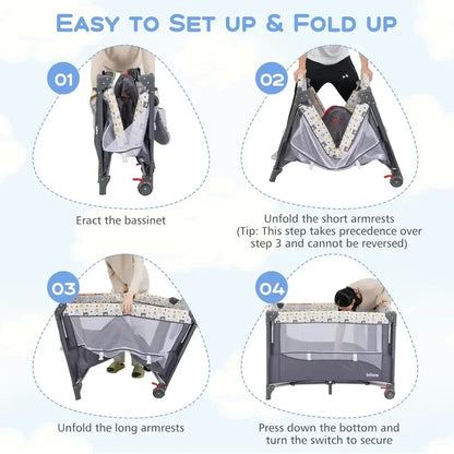Portable baby playard and bedside bassinet with a convenient diaper changer and wheels for easy movement.