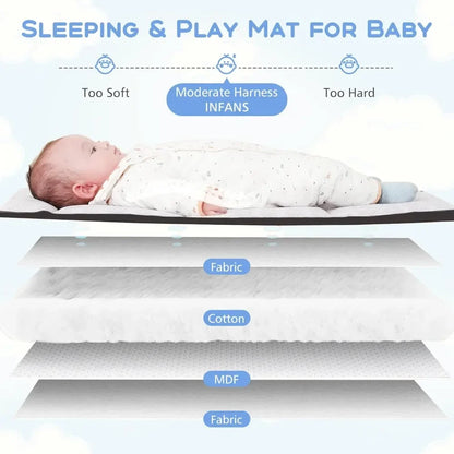 Infant travel bed and pack and play with removable diaper changing station and side storage for baby essentials.