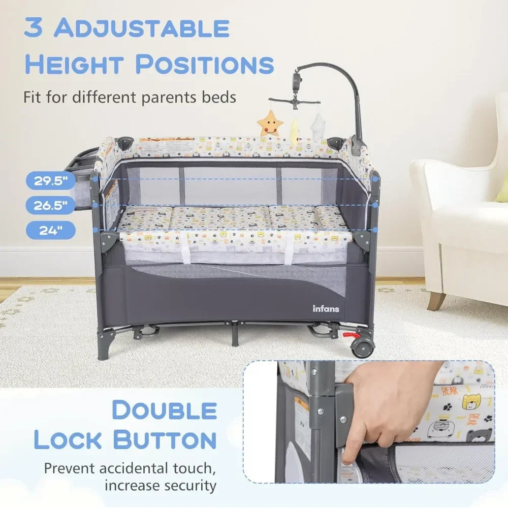 Nursery furniture: 5-in-1 baby bed, co-sleeper, playard, and portable crib, perfect newborn gift.