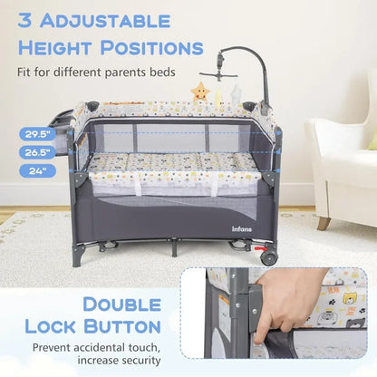 Nursery furniture: 5-in-1 baby bed, co-sleeper, playard, and portable crib, perfect newborn gift.