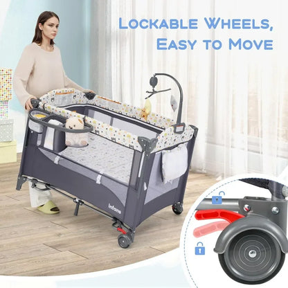 Multi-functional baby bassinet and travel crib, ideal for bedside sleeping and use as a spacious playard.