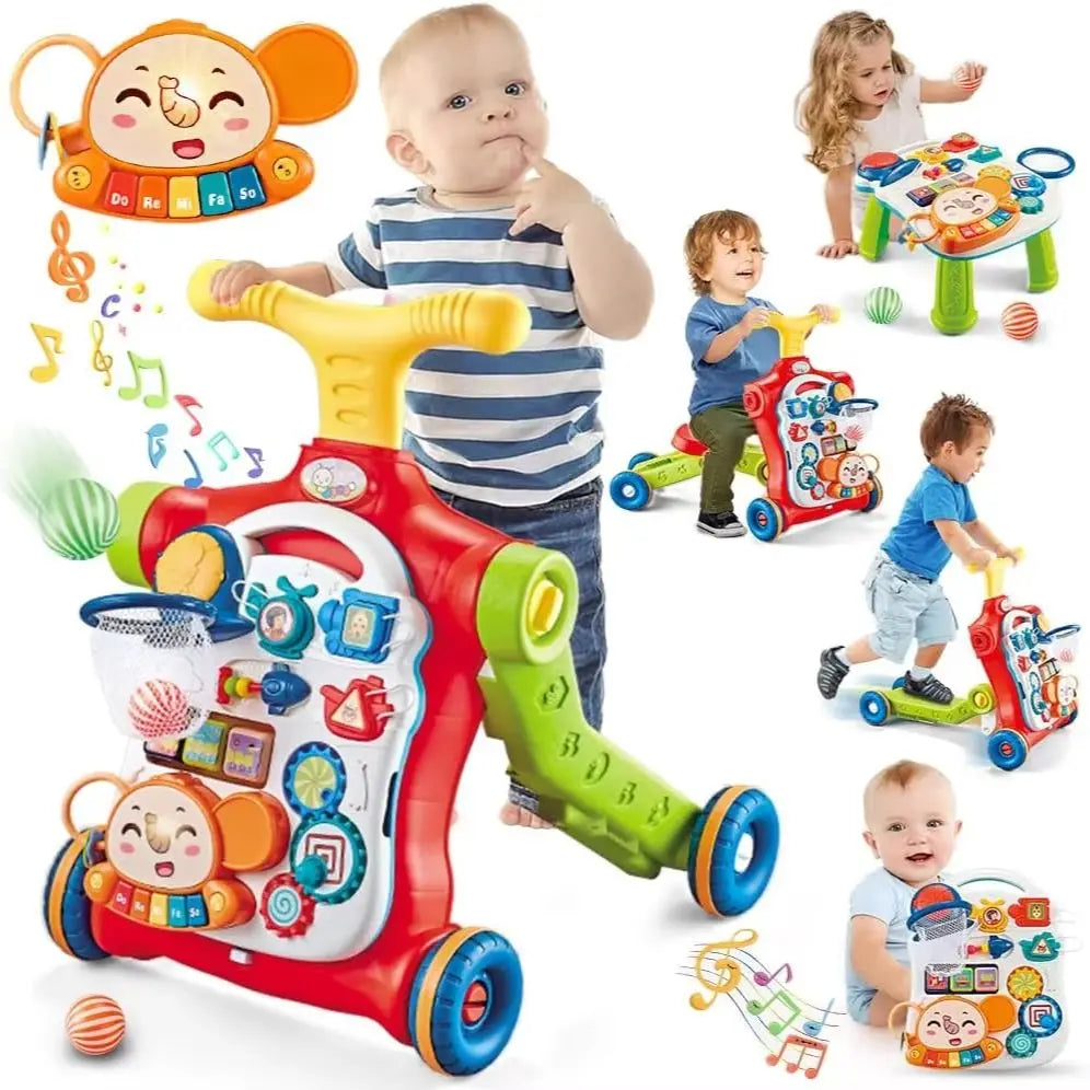 5-in-1 baby sit-to-stand learning walker with activity center feature, in a vibrant color scheme