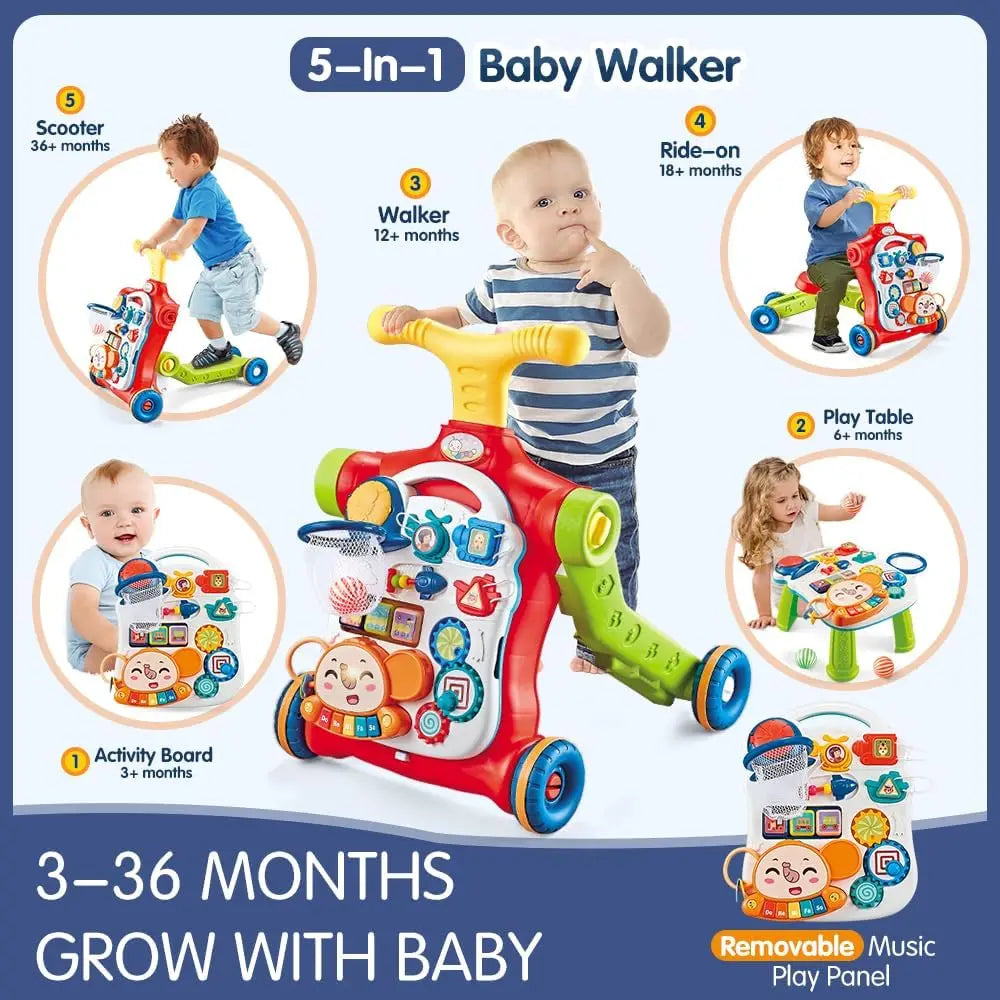 Toddler using a push walker, a developmental toy for learning to stand and walk independently