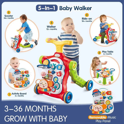Toddler using a push walker, a developmental toy for learning to stand and walk independently