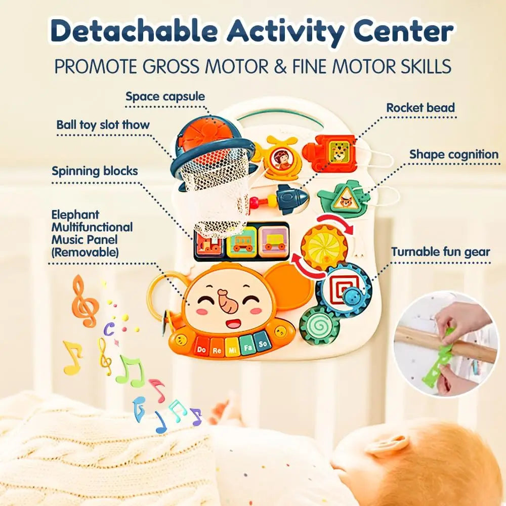 Close-up of the musical activity center on a baby learning walker, with colorful buttons and lights