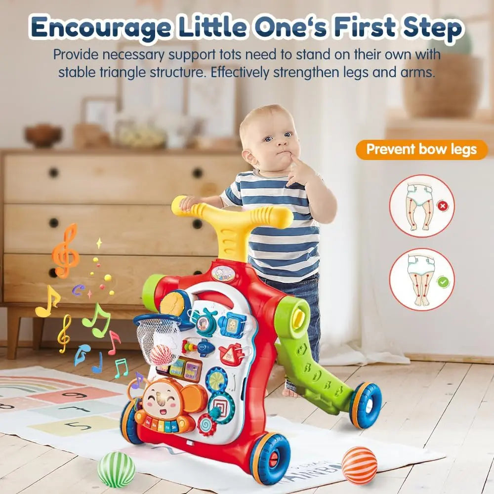Baby interacting with the various elements on the activity panel of the learning walker