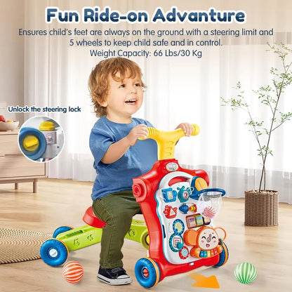 Side view of the 5-in-1 baby walker, showcasing its versatile sit-to-stand and ride-on functions