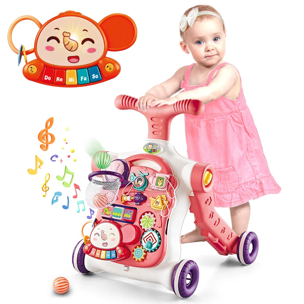 Colorful push walker and activity center designed for toddler's developmental play and learning