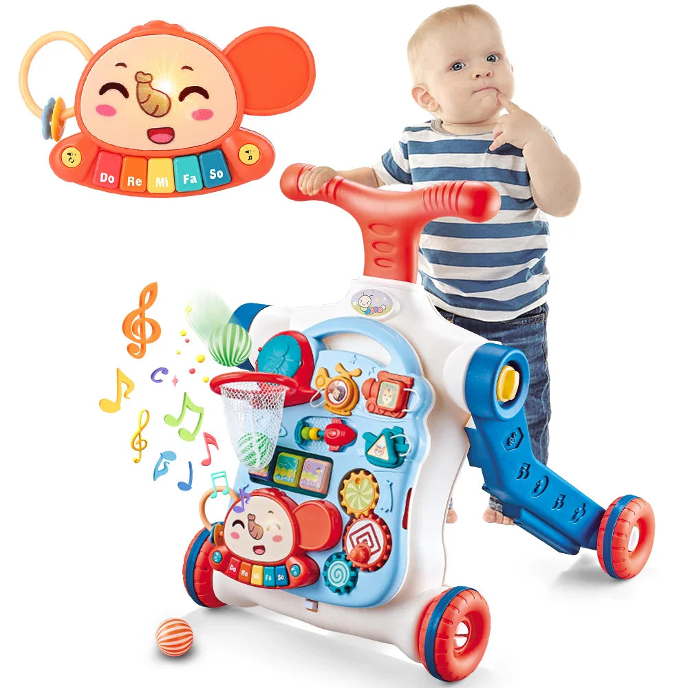 Overhead shot of the multi-functional baby sit-to-stand learning walker assembled for play