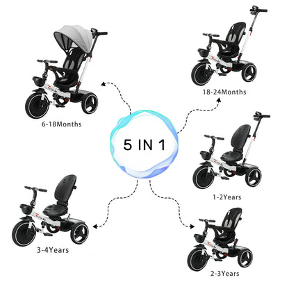 Blue 5-in-1 baby tricycle with parent push handle and protective sun canopy
