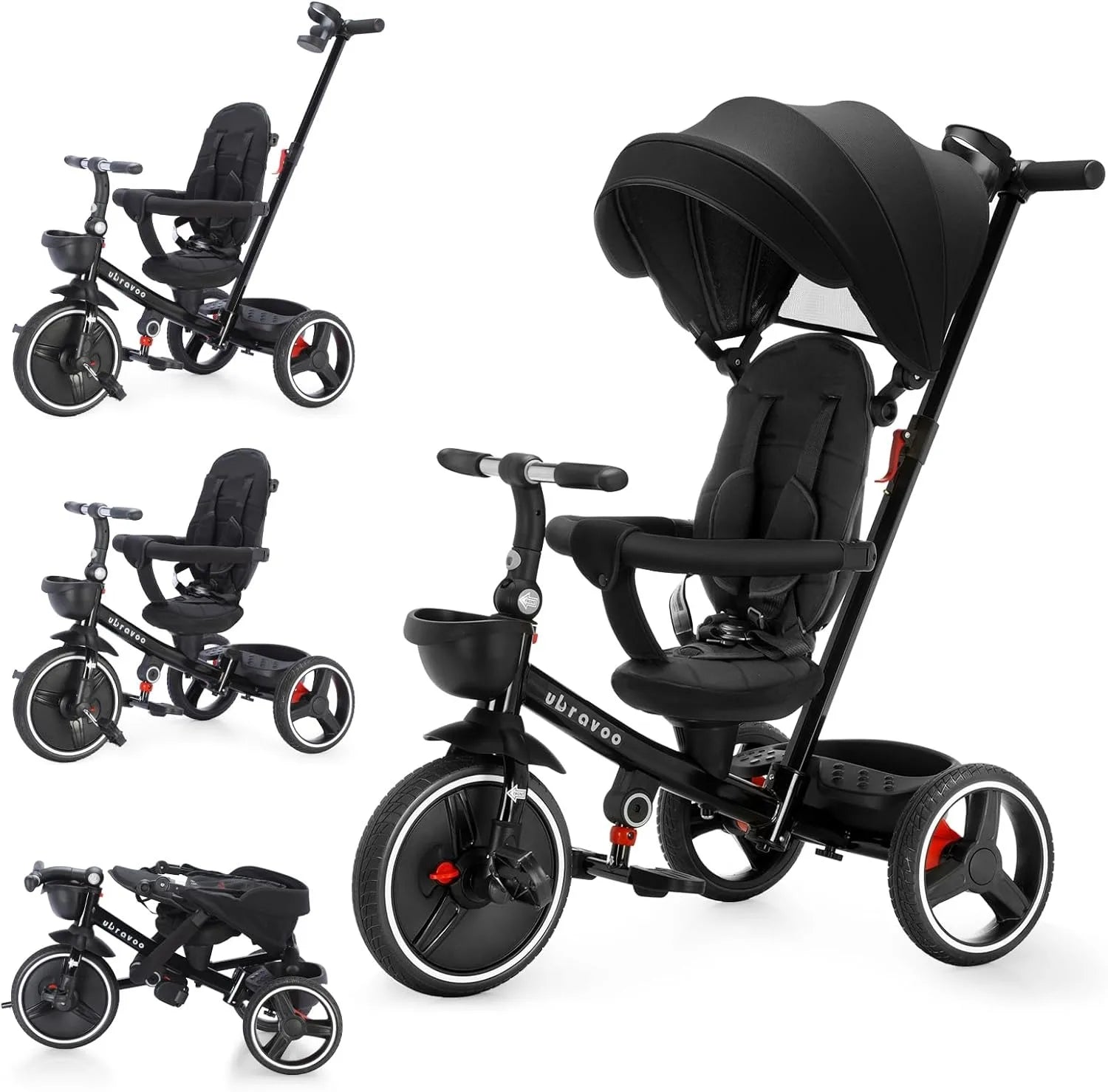 Compact 5-in-1 baby transport solution: push trike, stroller, and bike