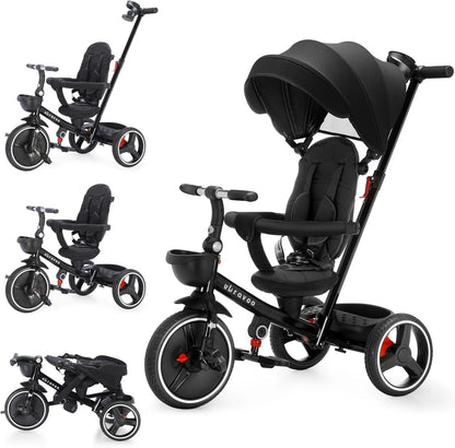 Compact 5-in-1 baby transport solution: push trike, stroller, and bike