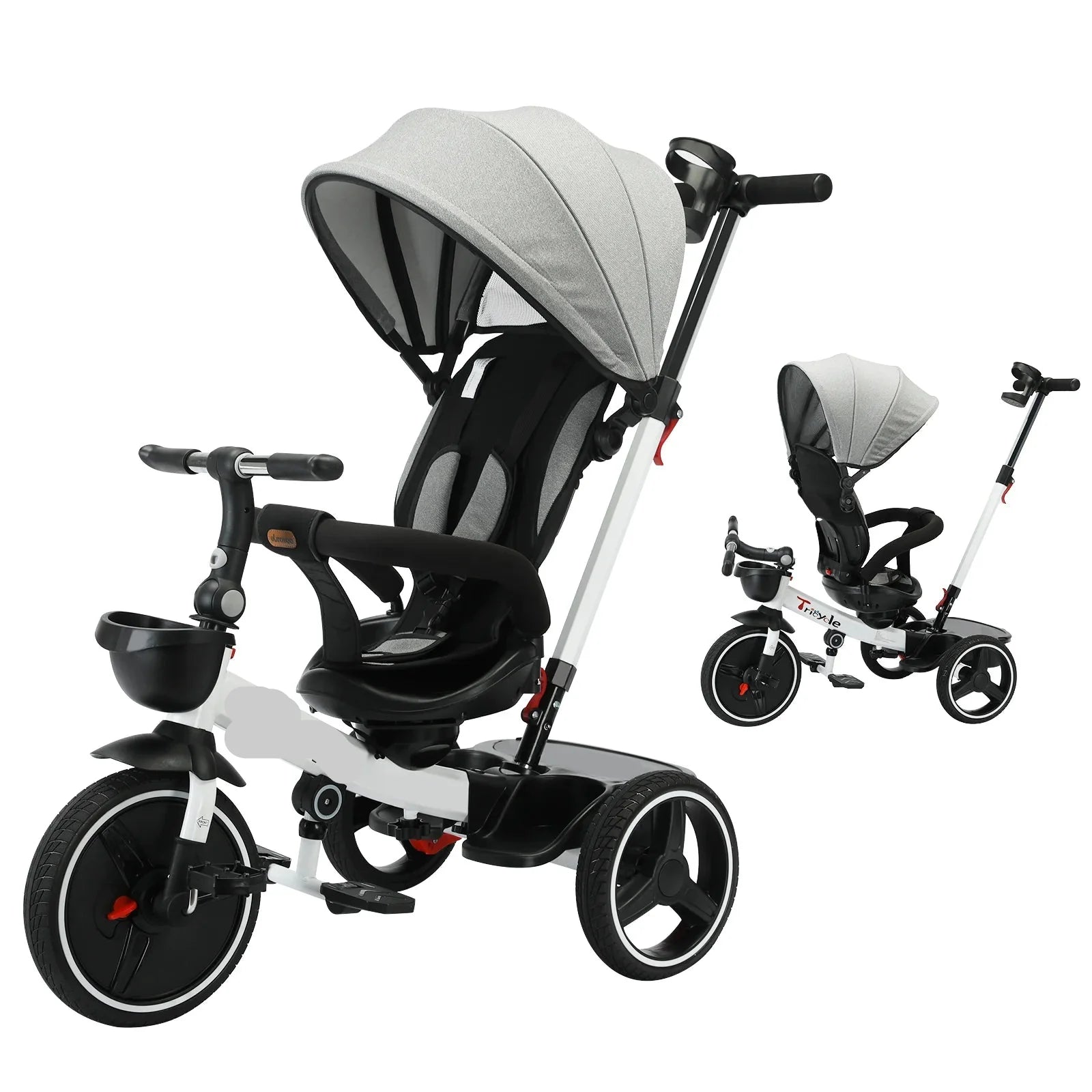 Durable 5-in-1 children's tricycle with canopy, basket, and ergonomic design