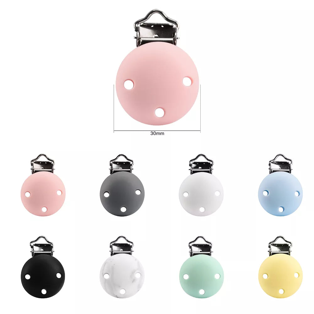 Safe silicone pacifier holders, 5-pack, round design, BPA-free, great baby shower gift idea.