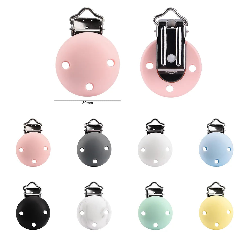 Smooth round silicone pacifier clips, 5-piece set, BPA-free, designed for baby's comfort.