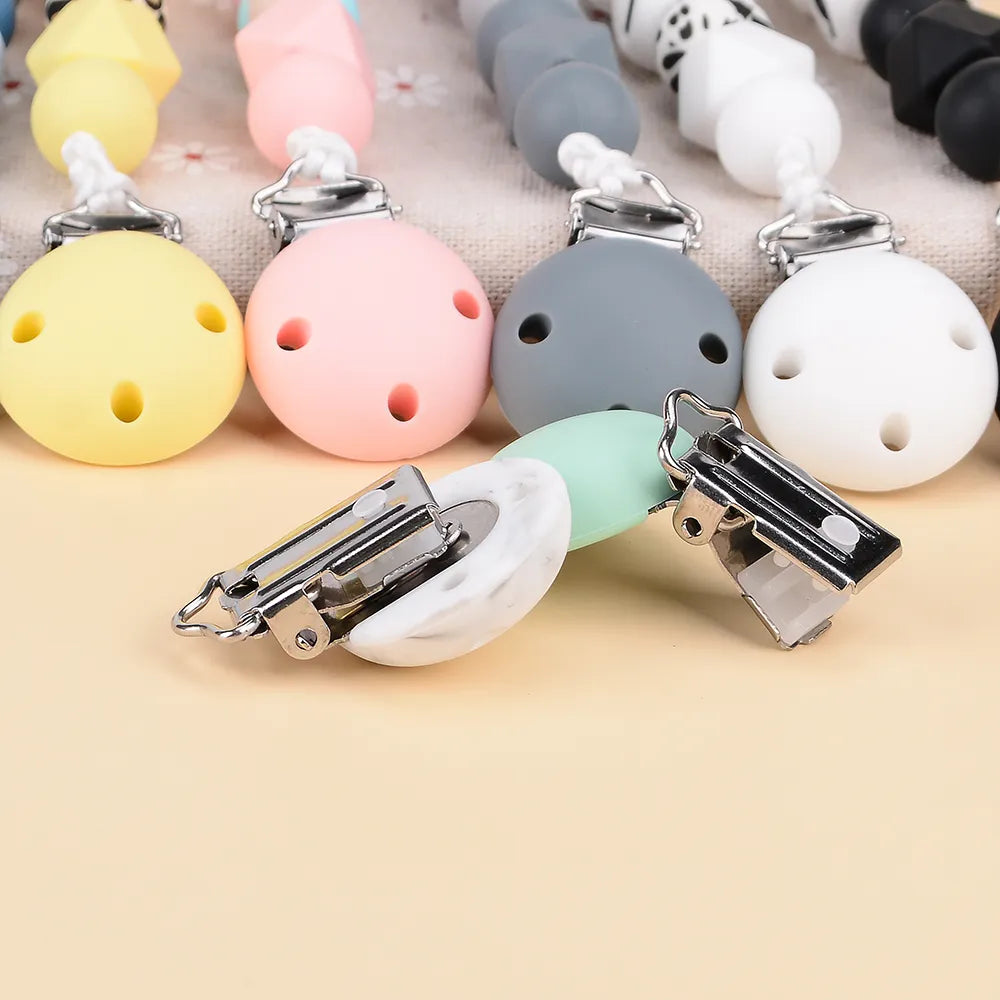 Universal 5-pack baby silicone round pacifier clips, BPA-free, fit most pacifiers.